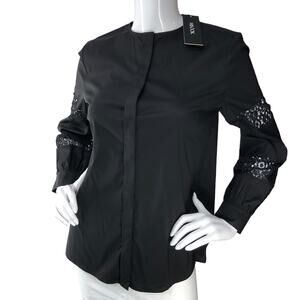 Misook Womens Size XS Top Button Down Lace Detailing Wrinkle Free Black NEW